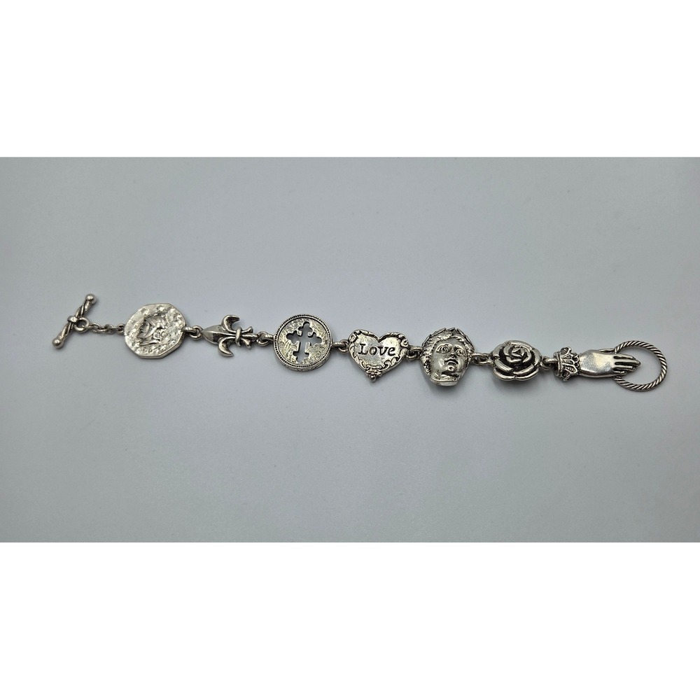 Unbranded Charm Bracelet Multi Symbol Fleur De Lis Cross 8in Silver Tone Toggle